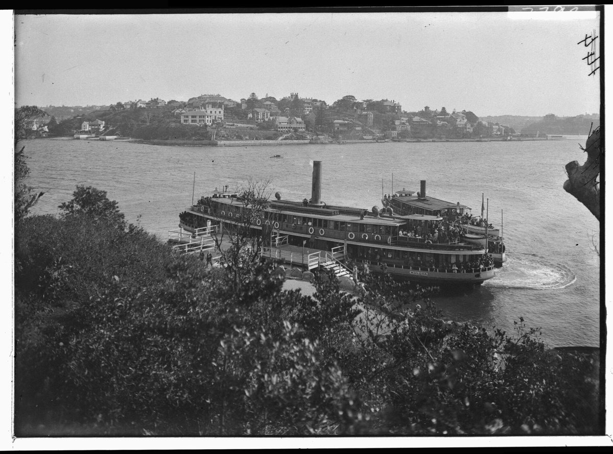 Sydney ferry KULGOA and LADY class ferry at Clarke Island, Darling Point (1920s)
