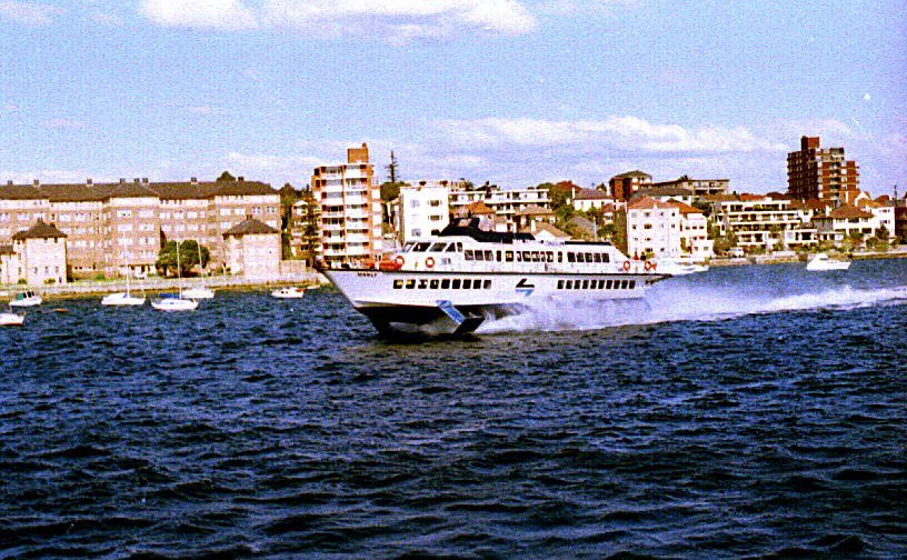 Sydney hydrofoil ferry MANLY approaches Manly Wharf 1984