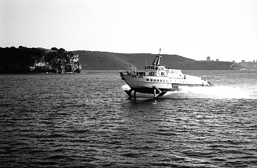 Sydney hydrofoil ferry CURL CURL passes Middle Head, Mosman (1990)