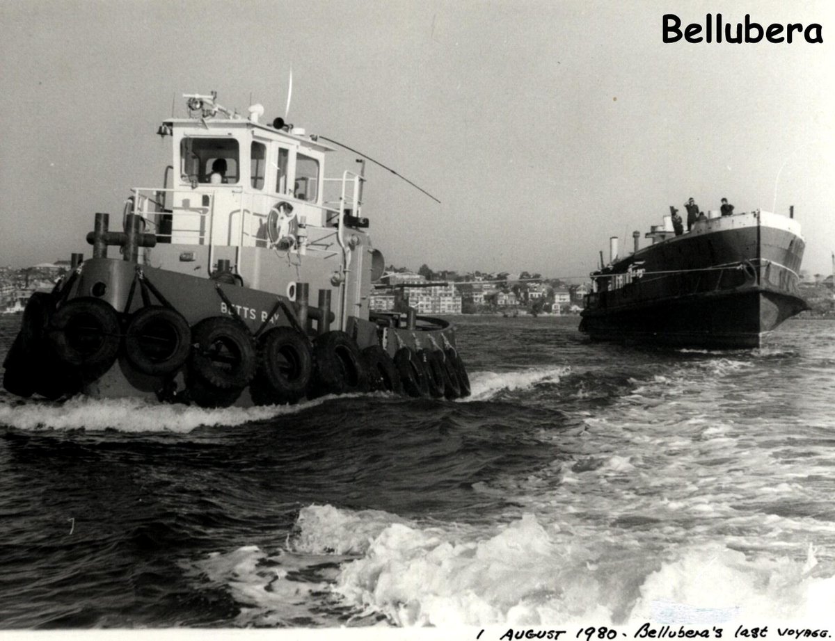 Sydney ferry BELLUBERA being towed by tug BETTS BAY to her scuttling 1 August 1980