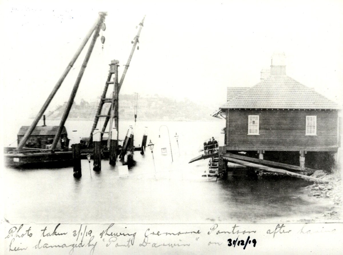 CREMORNE WHARF with sunken pontoon after being struck by PORT DARWIN, Cremorne Point (1919)