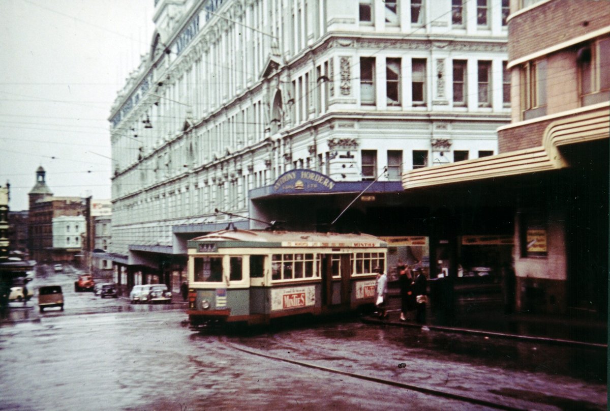 Tram in Goulburn Street Haymarket, outside Anthony Hordern's department store 1953 - A-00057644, Sydney city centre