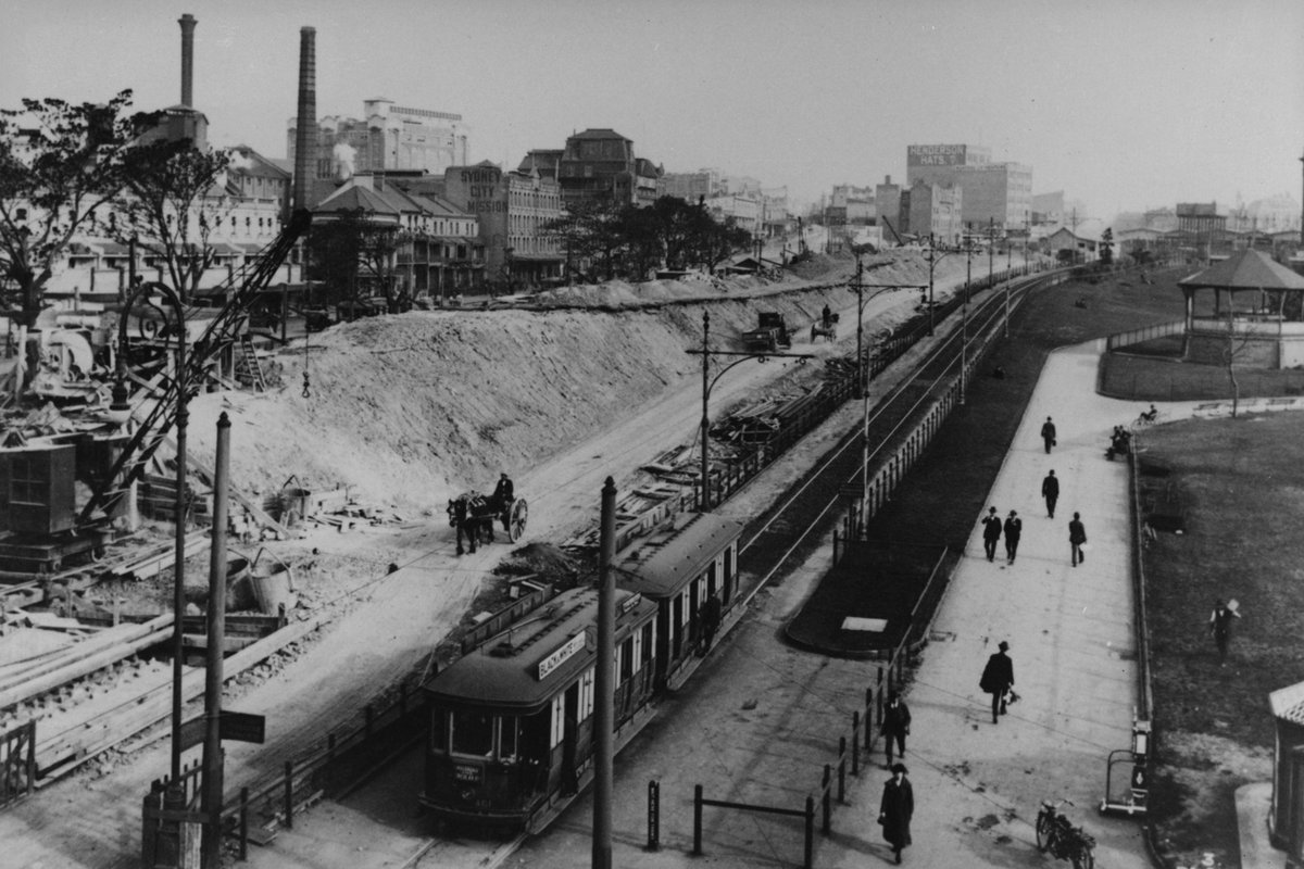 Belmore Park tram tracks, beside Elizabeth Street, Haymarket, 1920