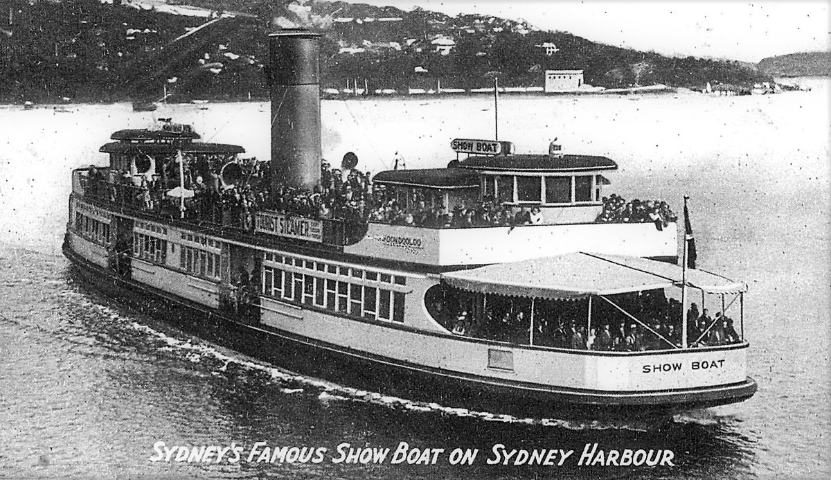 Sydney ferry KOONDOOLOO converted from vehicular ferry to show boat (c. 1937)