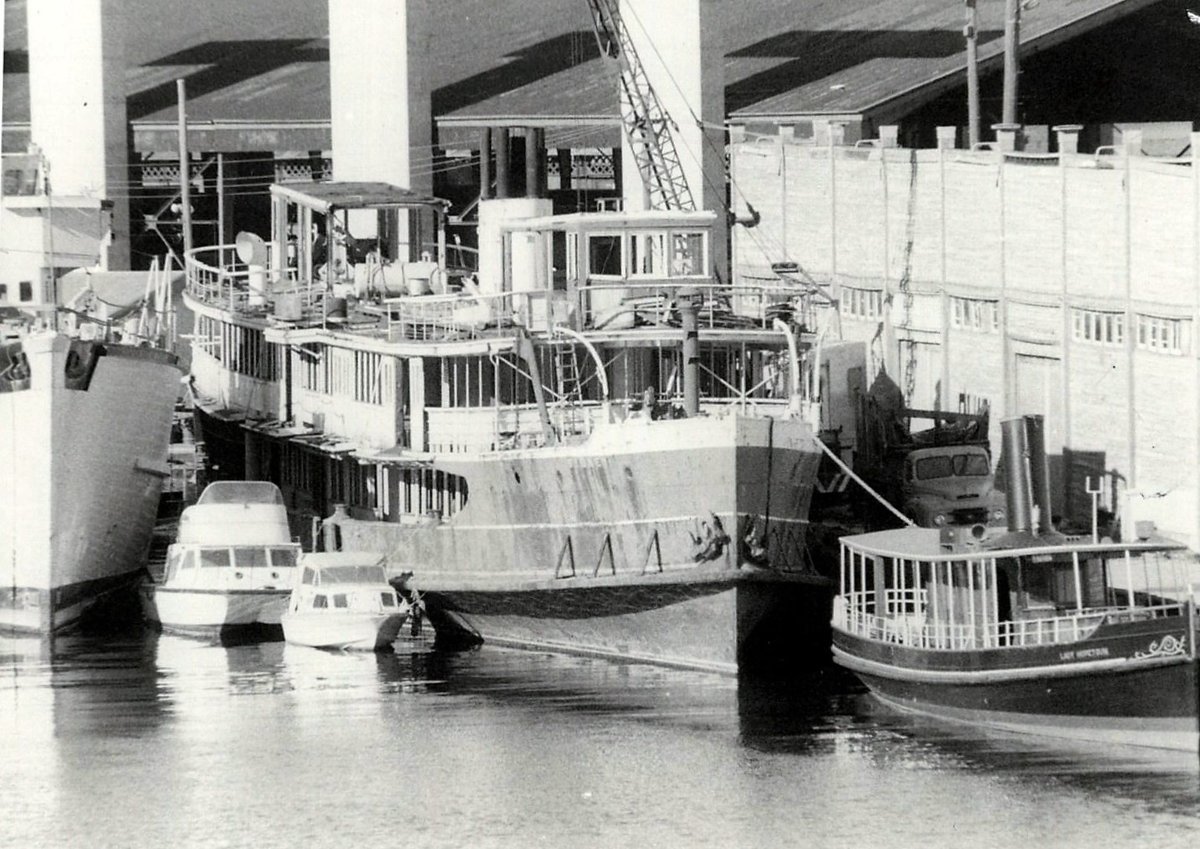 Sydney ferry BELLUBERA partially stripped and steam yacht LADY HOPETOUN 1980, Darling Harbour