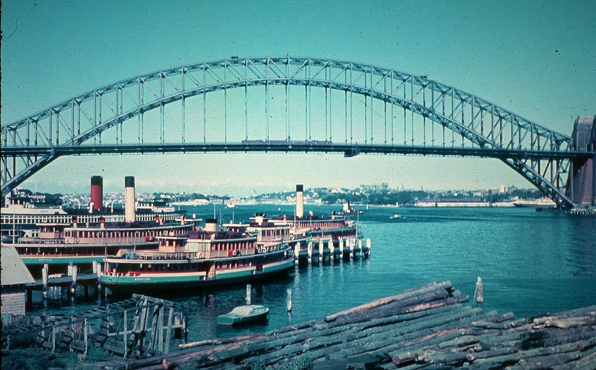 Sydney ferries including KANANGRA and KALANG at 'Gibraltar' ferry base McMahons Point (1950s)