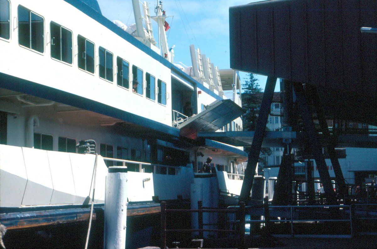 Sydney ferry FRESHWATER lowers her hydraulic gangway at Manly Wharf (1983)