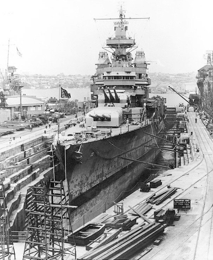 USS Portland (CA-33) in a drydock at the Cockatoo Island Dockyard, circa in late 1942 (NH 81992), Sydney Harbour (c. 1942)