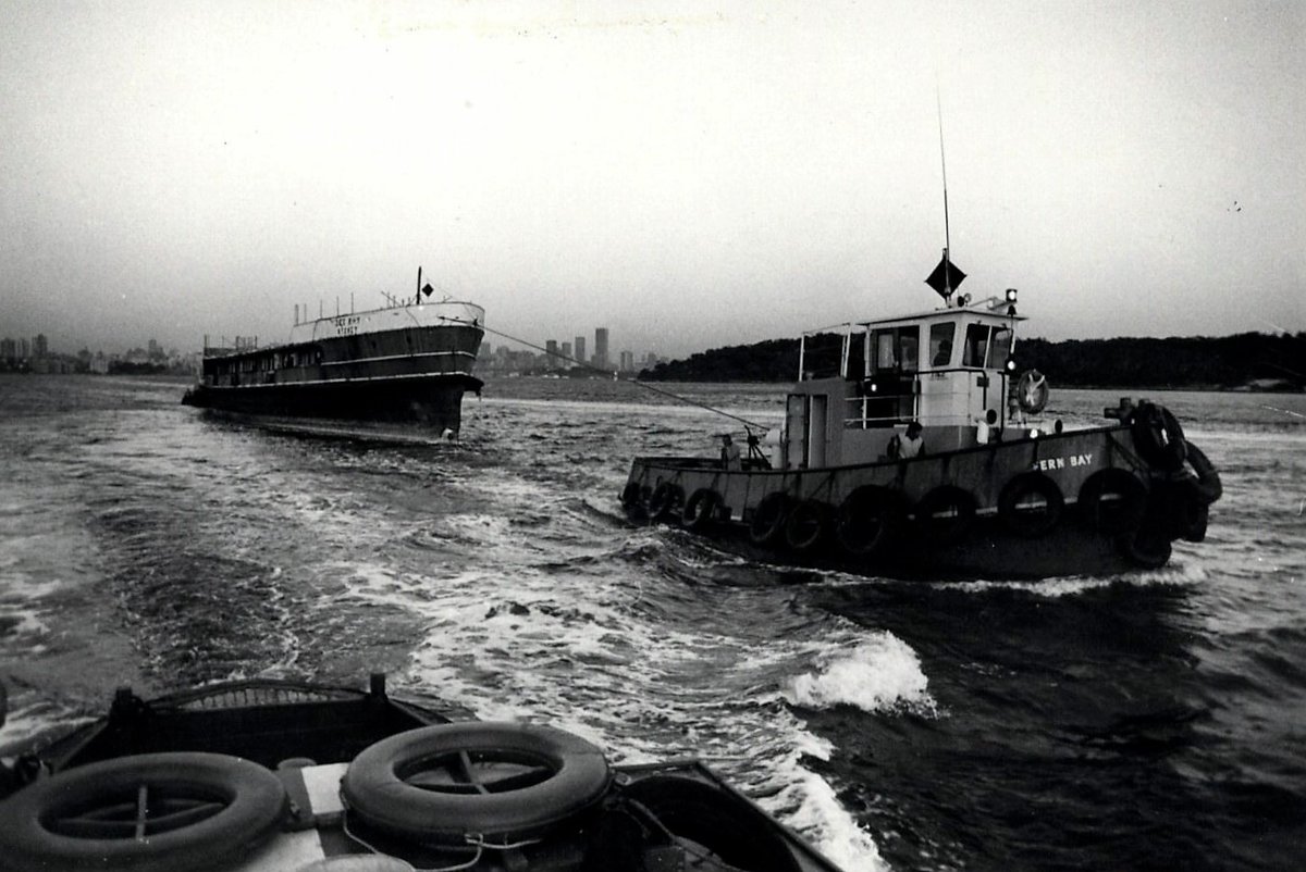 Sydney ferry DEE WHY being towed for scuttling (1976)