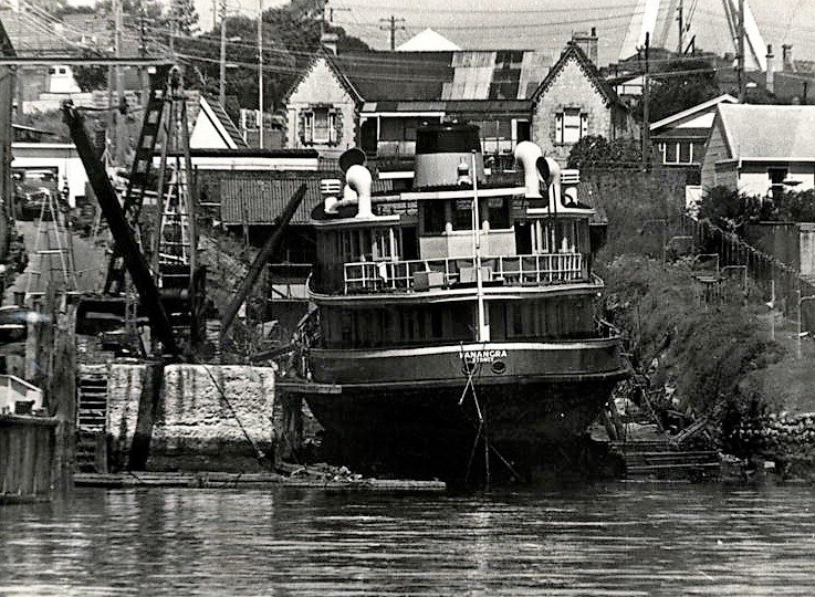 Sydney ferry KANANGRA on collapsed slipway (1970)