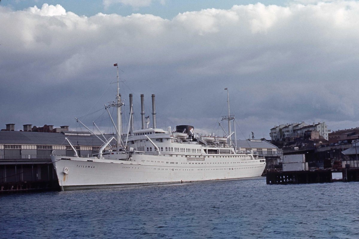 Royal Interocean Lines liner Tjiluwah at a wharf in Walsh Bay (Millers Point) on Sydney Harbour (1971)