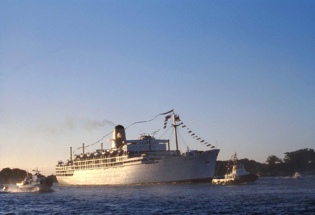 P & O Liner Arcadia a tug & another vessel leaving the port last time at Pyrmont Sydney (1979)