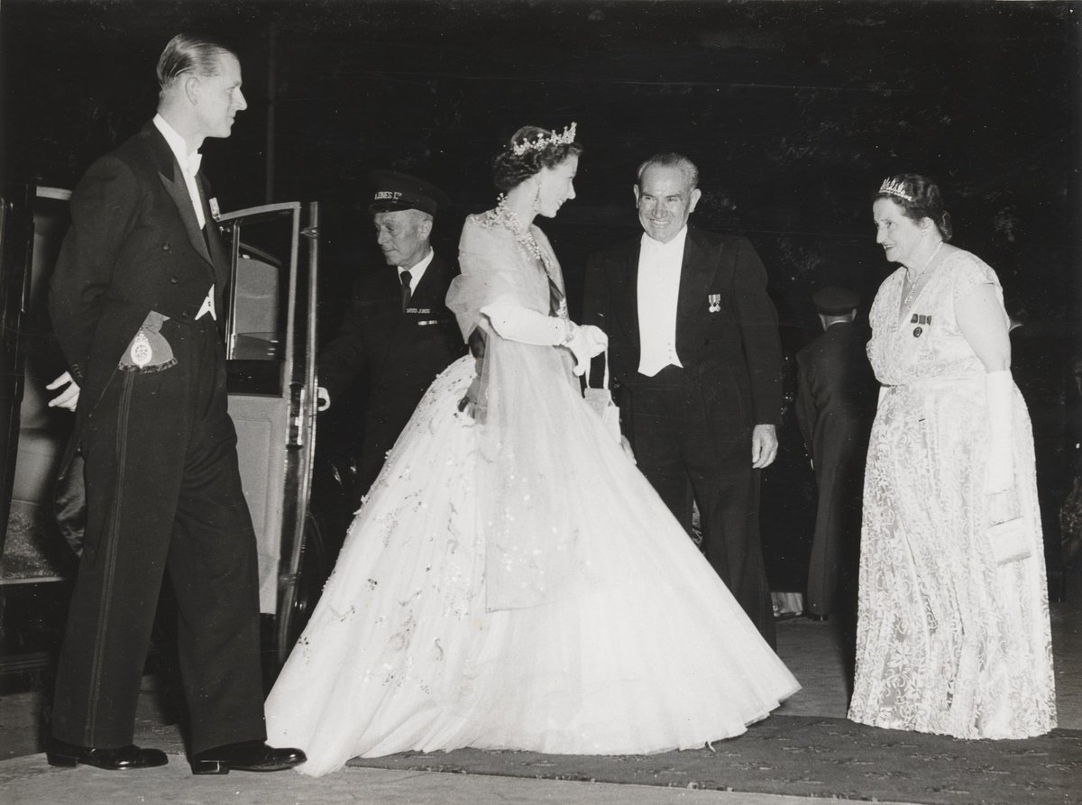 SLNSW - Queen Elizabeth and Prince Philip, Duke of Edinburgh, greeted by the Premier of New South Wales Cahill and Mrs Cahill on arrival at David Jones Elizabeth Street Store, Sydney, for the State Dinner (4 February 1954), Sydney city centre