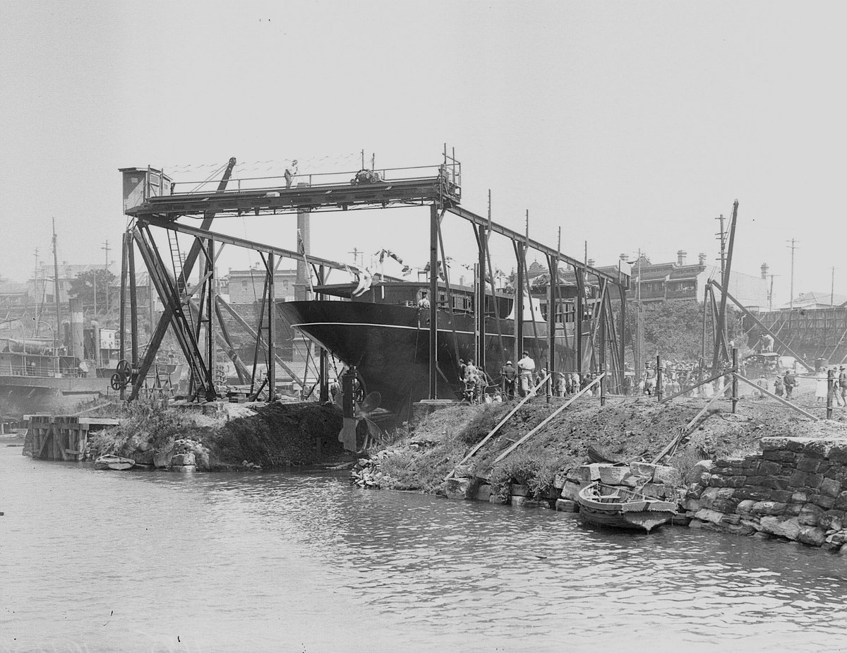 CAPTAIN COOK launch day at Morts Shipyard, Balmain, 10 Dec 1938 (Graeme Andrews Working Harbour Collection, City of Sydney Archives)