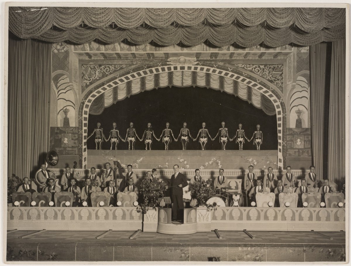 Skeleton dancers and band on theatre stage, Sydney, c.1928, Sydney city centre (c. 1928)