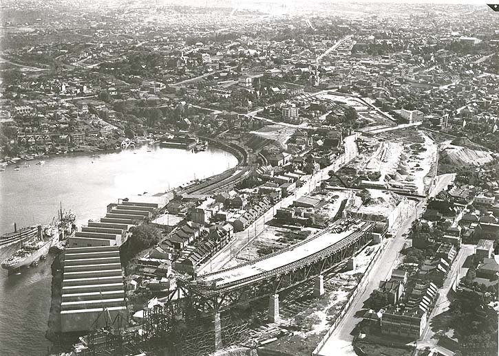 Sydney Harbour Bridge under construction North Shore aerial, North Sydney (1920s)