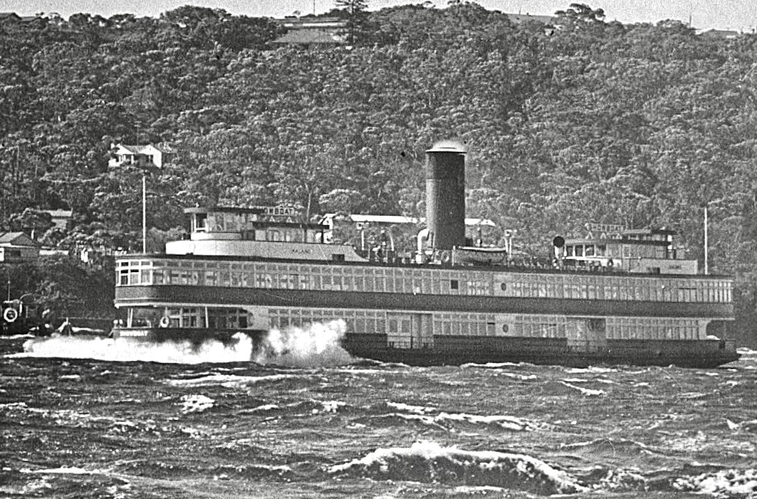 Sydney showboat ferry KALANG in southerly near Clifton Gardens, Mosman (1955)