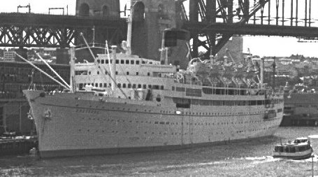 French liner BRETAGNE ( 1952-1964) in Sydney Cove (cropped), Circular Quay (1962)