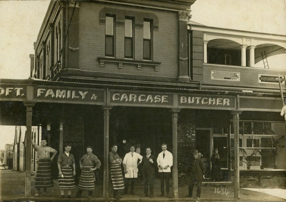 Butcher's shop Quality Corner of E.J. Ashcroft and Sons, corner of Macquarie and Scott Street, Liverpool, 1900
