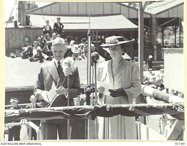 Launching of HMAS Warramunga. Mrs F. M. Forde and Mr Norman Fraser, managing director of Cockatoo Docks and Engineering, 7 February 1942, Sydney Harbour