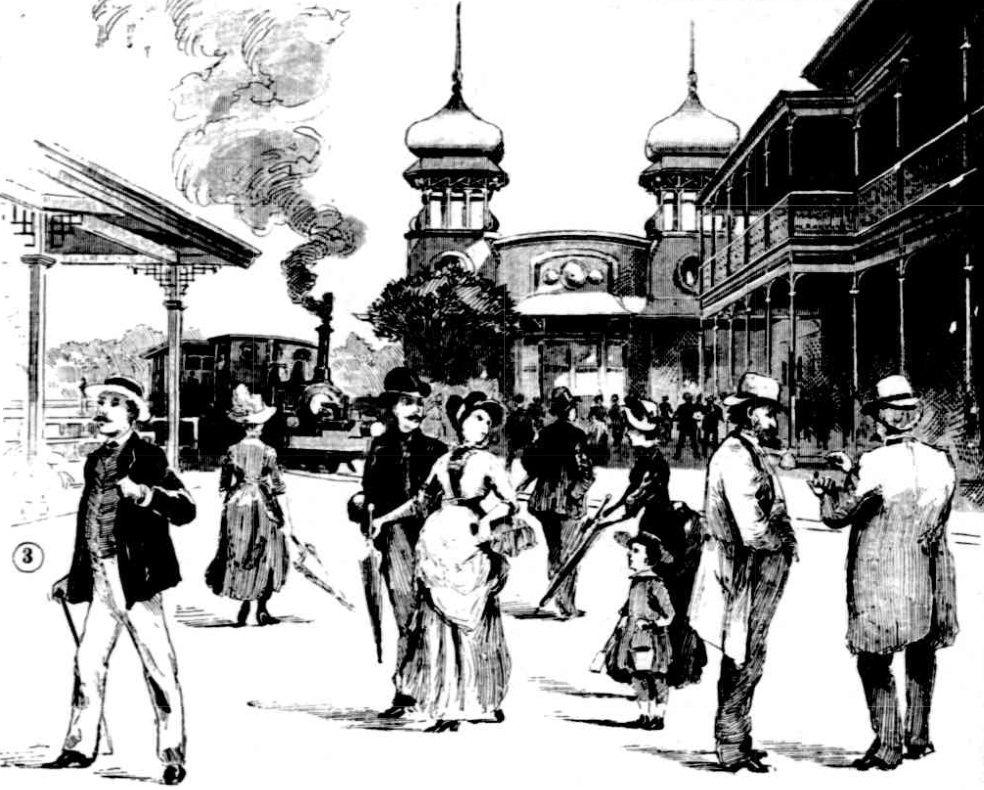 Brighton-le-Sands, NSW - New Brighton Hotel, side view and steam tramway (Australian Town & Country Journal, 31 Dec 1887, p26)