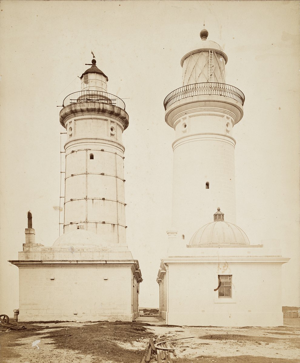The Macquarie Lighthouses – old and new, c.1883, photograph by Charles Bayliss, Macleay Collections, Vaucluse (c. 1883)