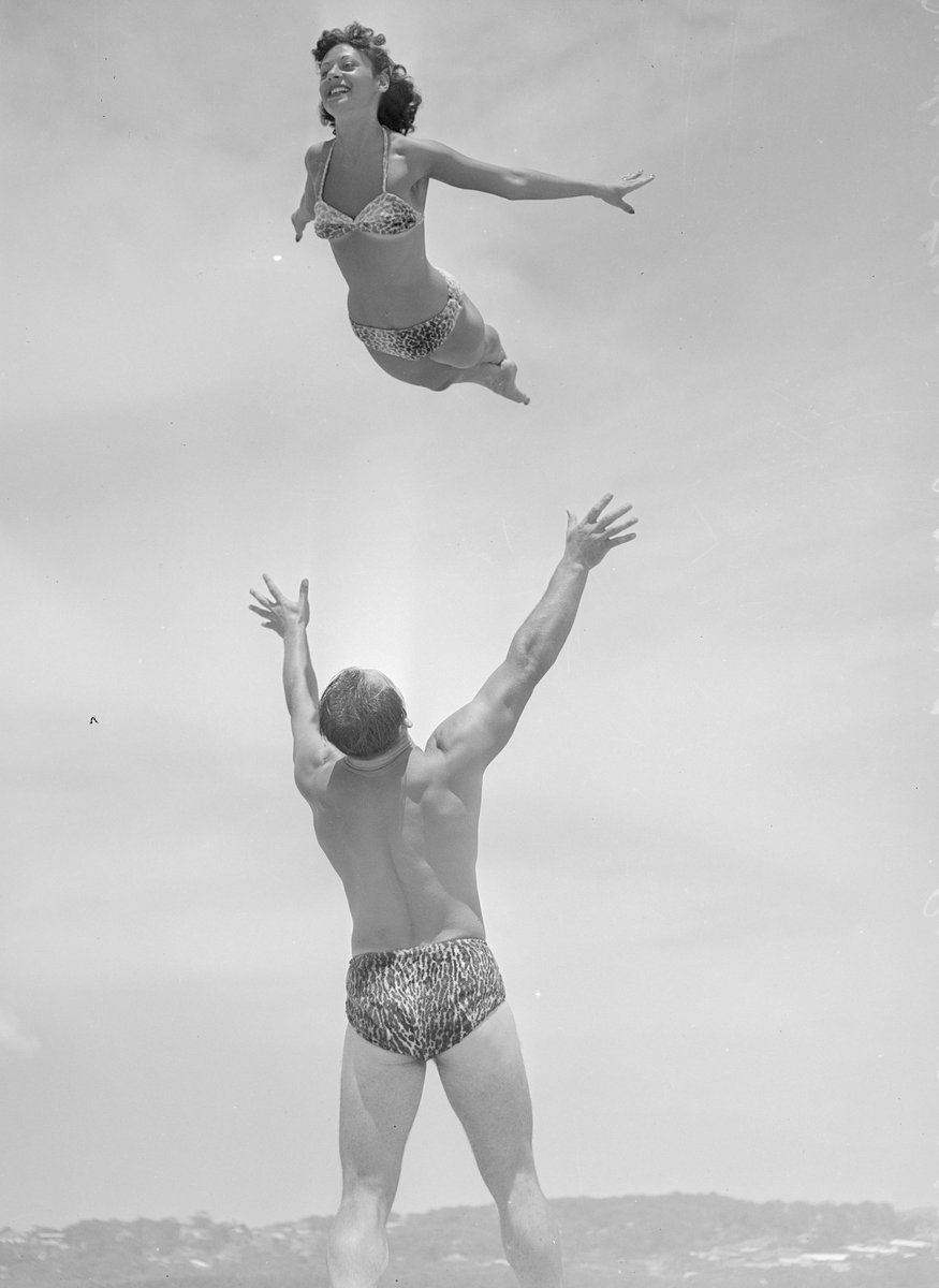 Tivoli acrobats at the beach, Sydney 1950 slnsw, Sydney city centre