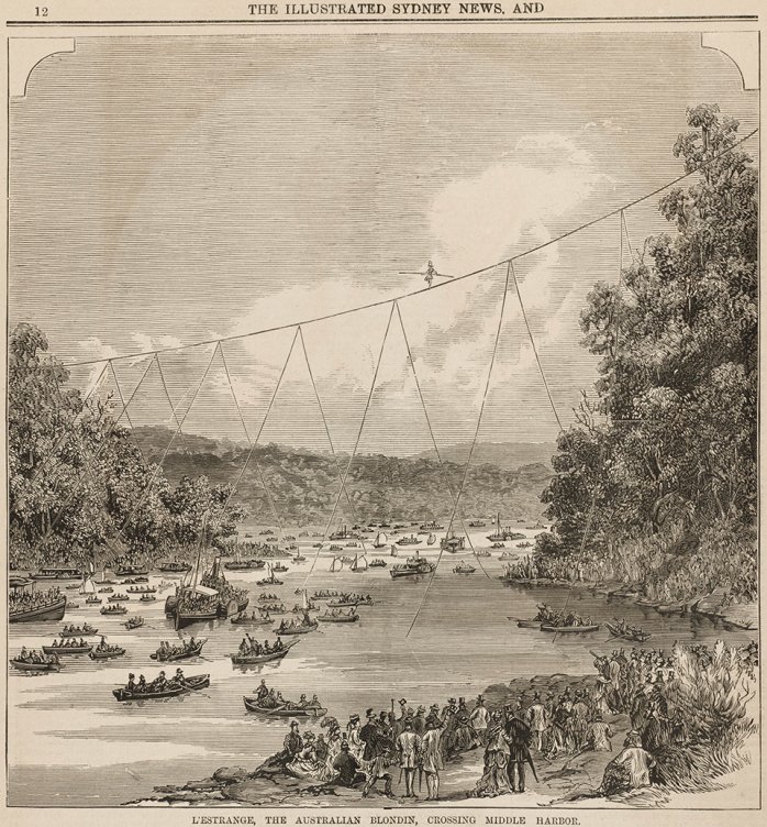 L'Estrange, the Australian Blondin, crossing Middle Harbour, Sydney Harbour (1877)