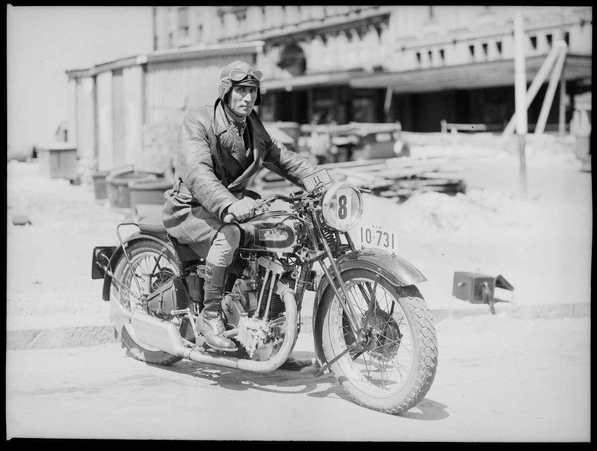 Male rider on AJS motor bike, Sydney, c. 1930