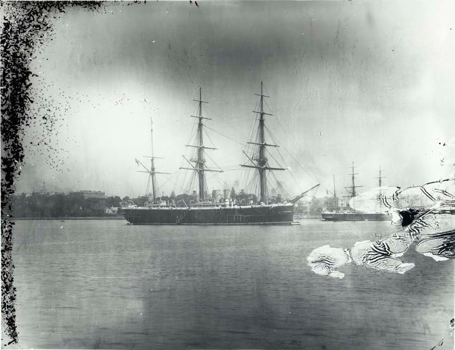 HMS Nelson moored off Farm Cove Sydney, Sydney city centre (1880s)
