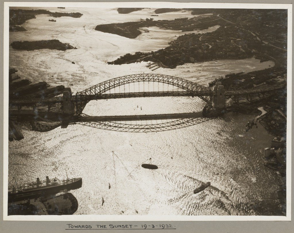 Sydney Harbour Bridge at sunset (1932)
