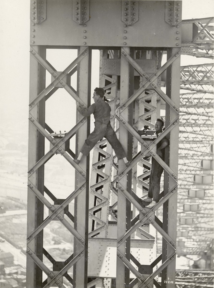 Taking strain measurements on post - Sydney Harbour Bridge (c. 1932)