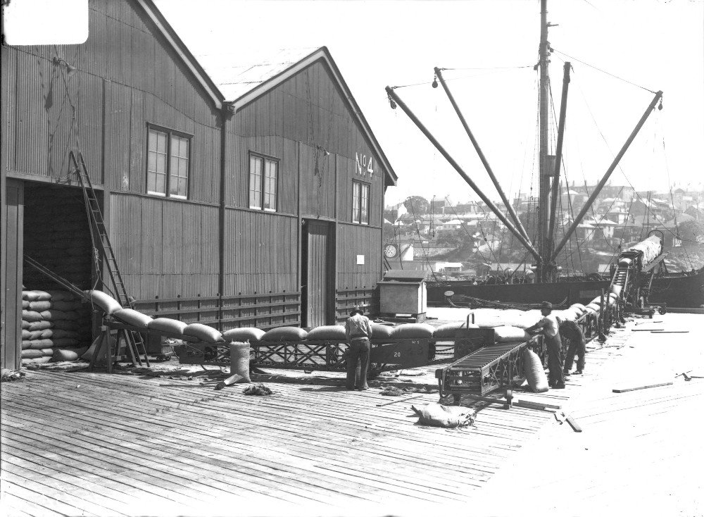 Grain being moved along conveyor belts a No.4 wharf, Darling Harbour (NSW) (c. 1931)