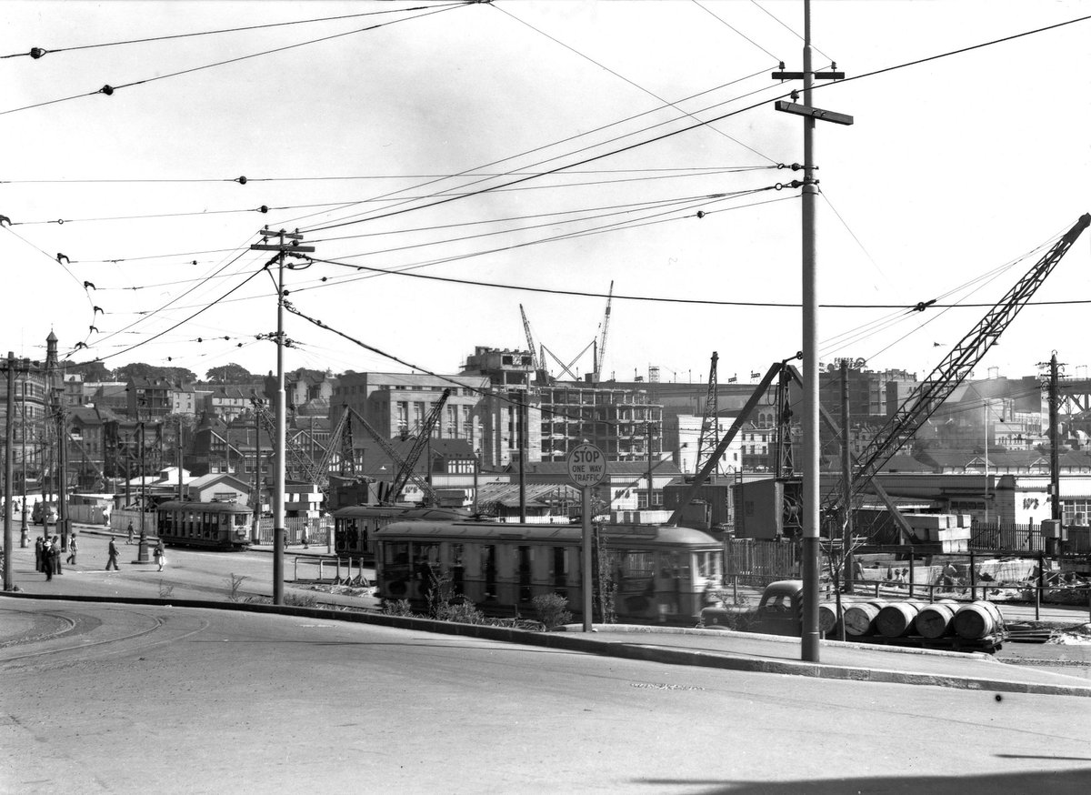 Electric toastrack trams at Circular Quay (NSW) (c. 1952)