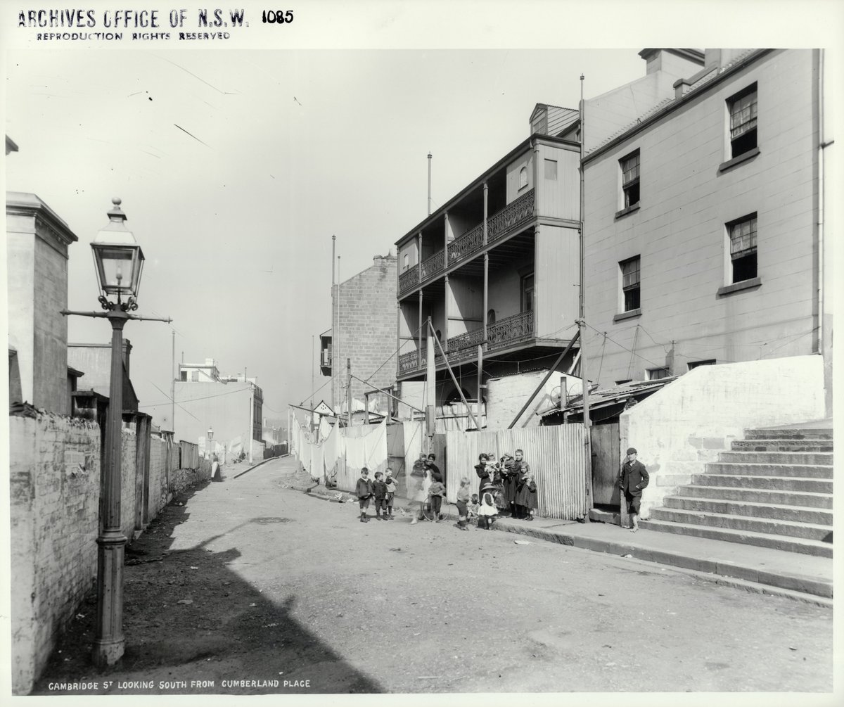 Looking south on Cambridge Street from Cumberland Place, The Rocks (NSW) (Rocks Resumption photographic survey) (1901)
