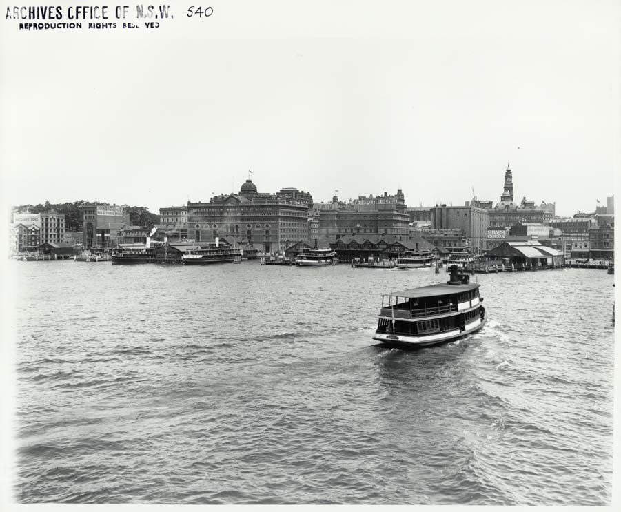 View looking south towards Circular Quay showing ferries and wharves, Sydney (NSW) (c. 1916)