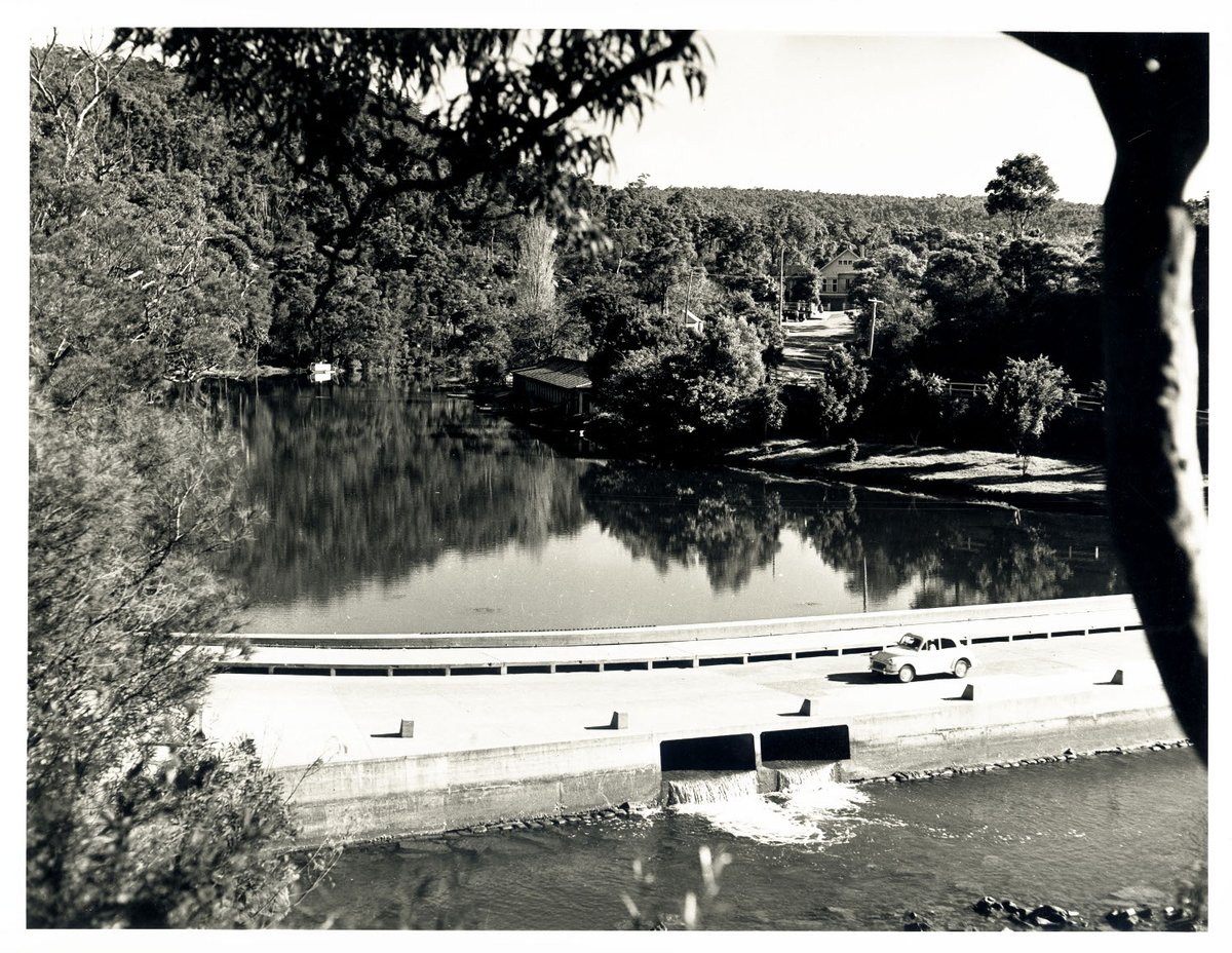 View of Causeway and boatshed at Audley, Royal National Park (NSW), 1955