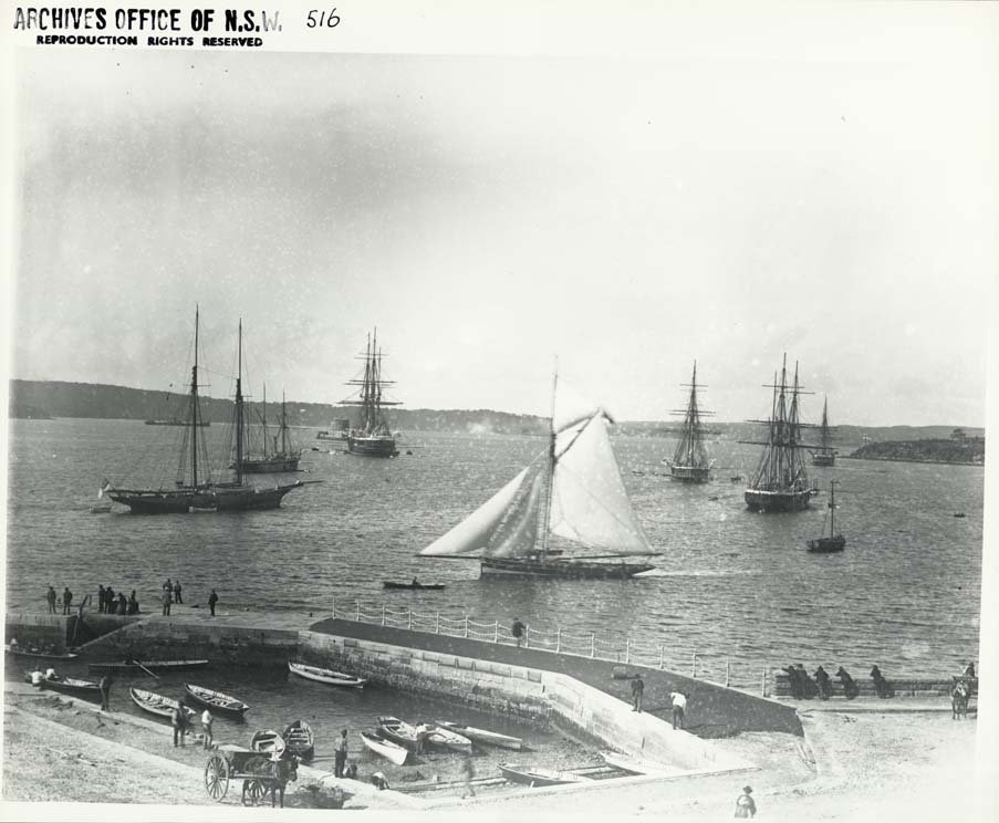View from the western side of Farm Cove looking north-east toward Fort Denison, Sydney (NSW), Sydney city centre (1882–88)