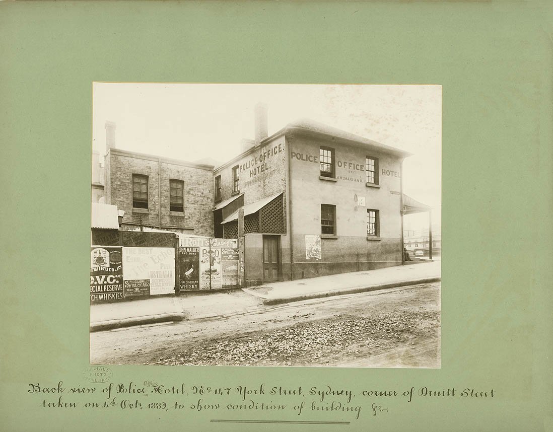 Rear view of Police Office Hotel, No.147 York Street (corner of Druitt Street), Sydney - showing condition of building, Sydney city centre (c. 1889)