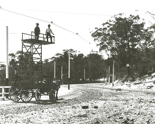 Tramways Tower Wagon mounted on horse drawn wagon - New South Head Rd, Double Bay (c. 1898)