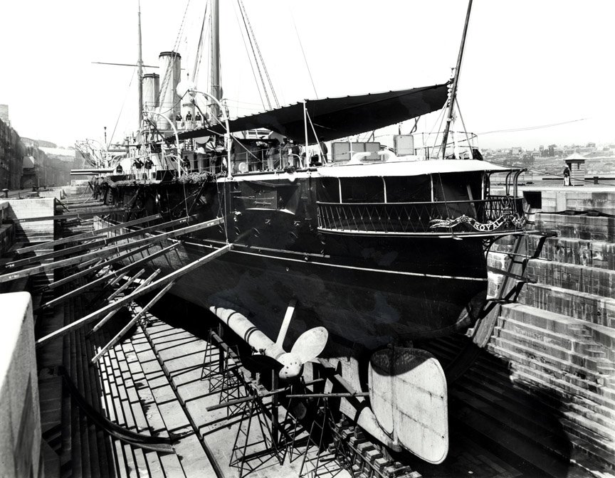 Ship docked at Cockatoo Island, Sydney Harbour (c. 1900)