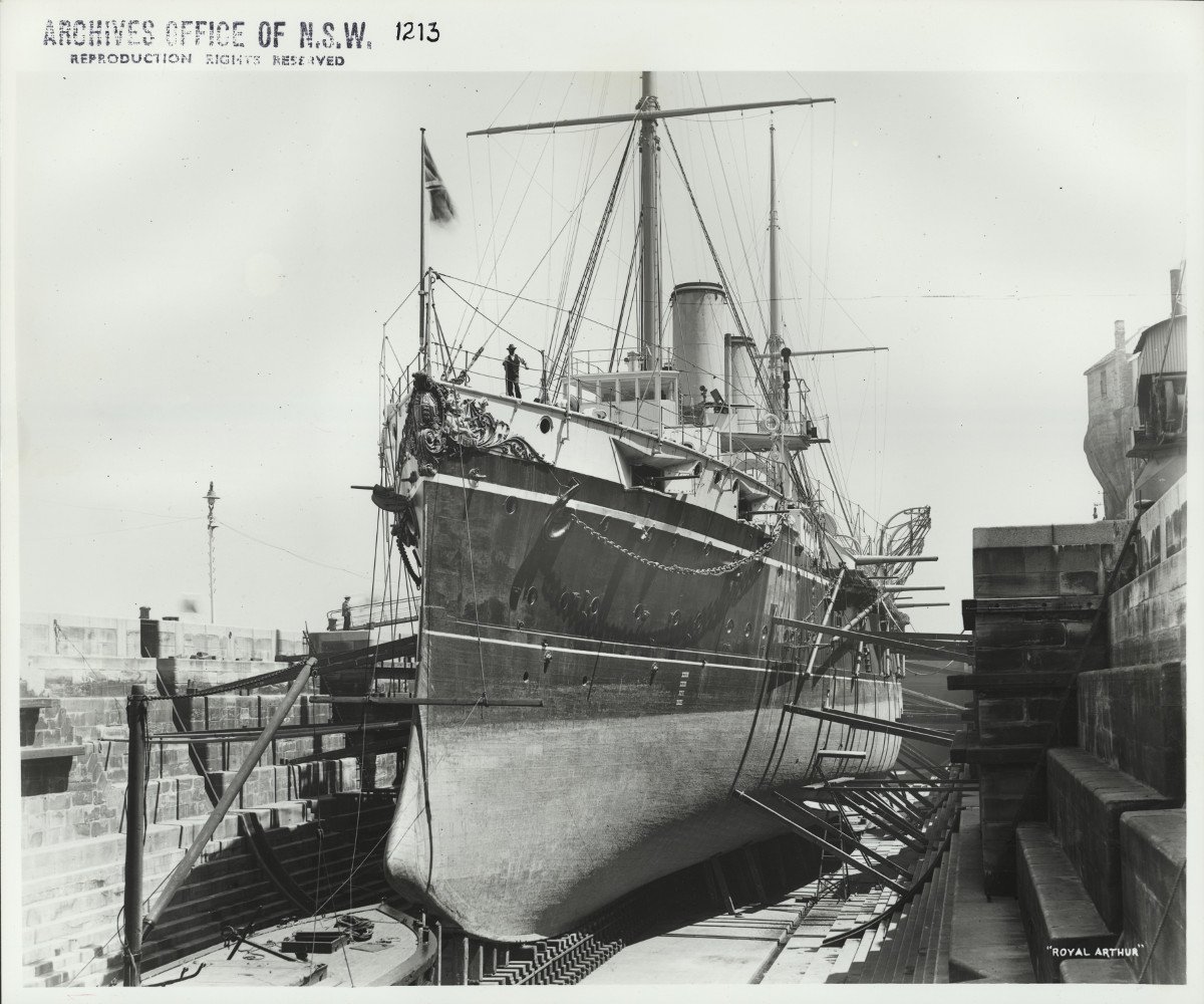 HMS Royal Arthur docked in Sutherland Dock Cockatoo Island Sydney NSW (c. 1900)