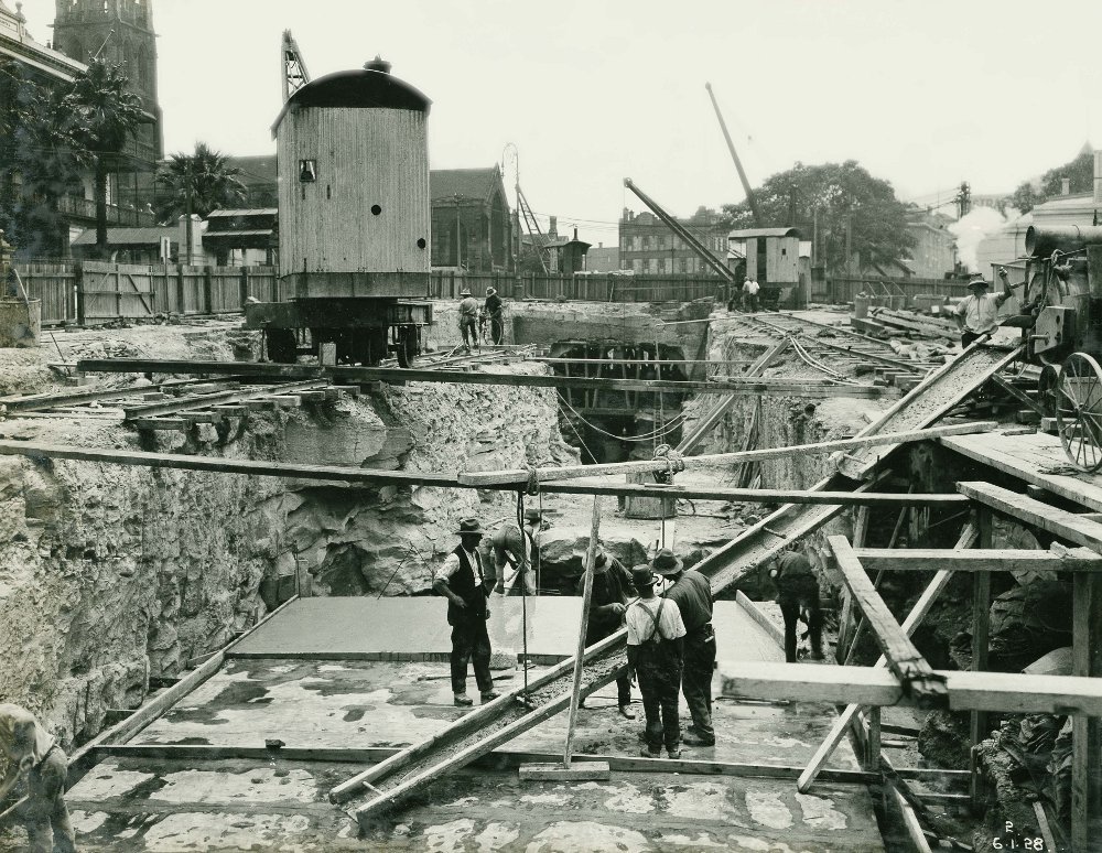 Flat top Construction under site for new Scots Church, Sydney Harbour (1928)
