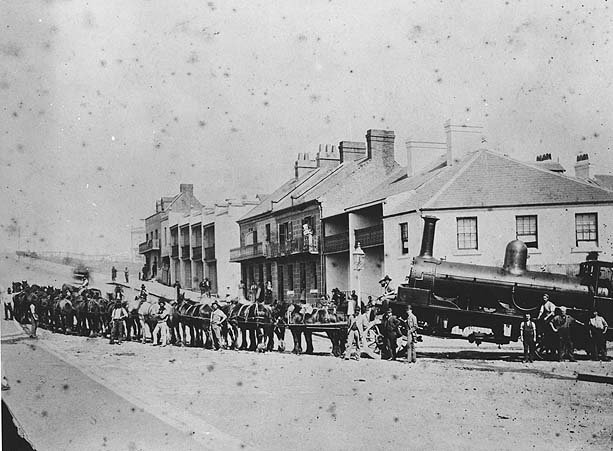 Locomotive being delivered at Pyrmont (1880)