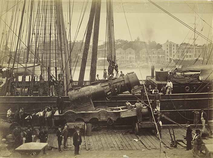 Locomotive arriving by ship, 1876, Circular Quay (c. 1876)