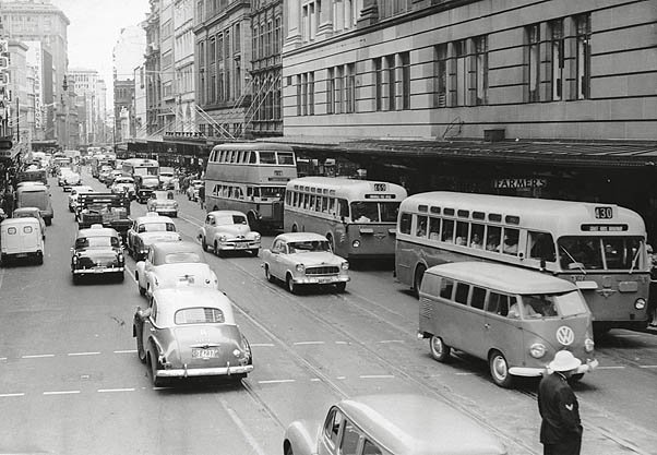 Buses replace trams, c.1962, Sydney city centre (c. 1962)
