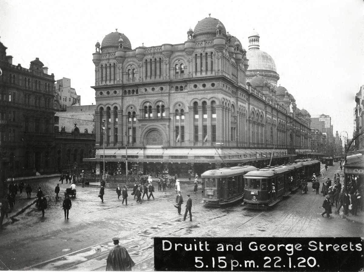 Trams on George Street in front of the QVB, Sydney city centre (c. 1920)