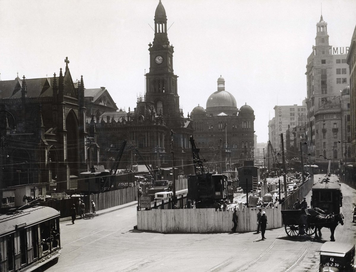 Building Town Hall station - QVB in the background, Sydney city centre (1930)