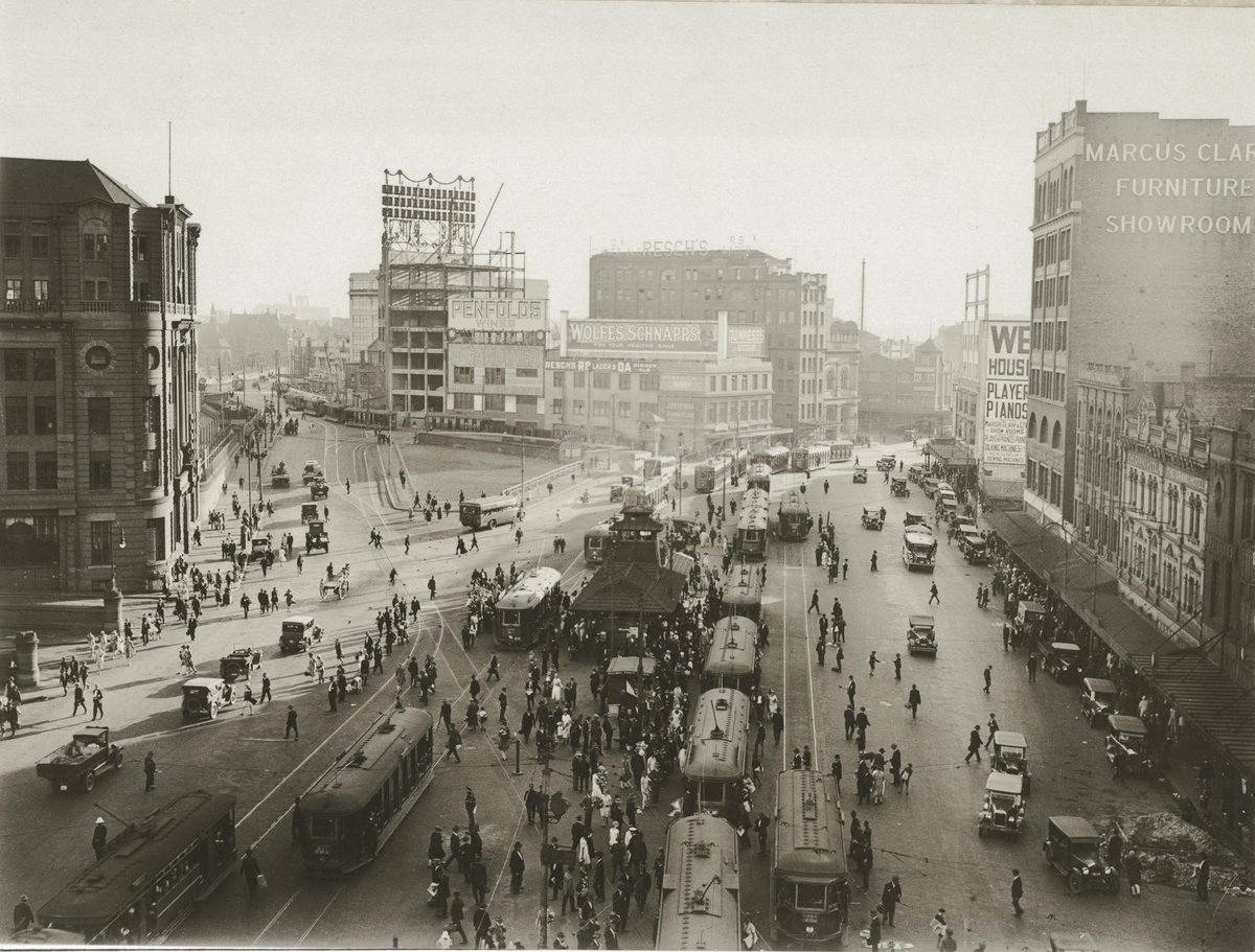 Trams and traffic at Railway Square, Sydney (c. 1927)