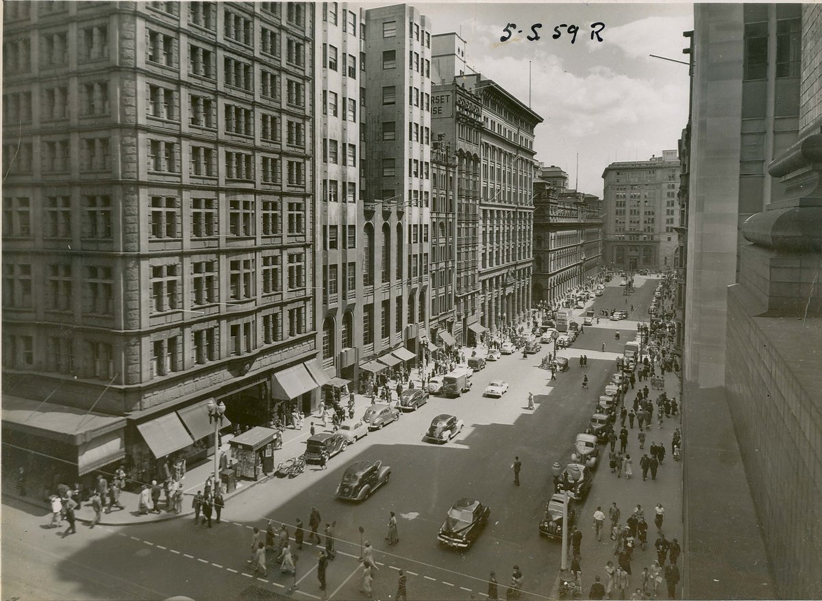 View of Martin Place from Castlereagh St, Sydney (NSW) (c. 1950)